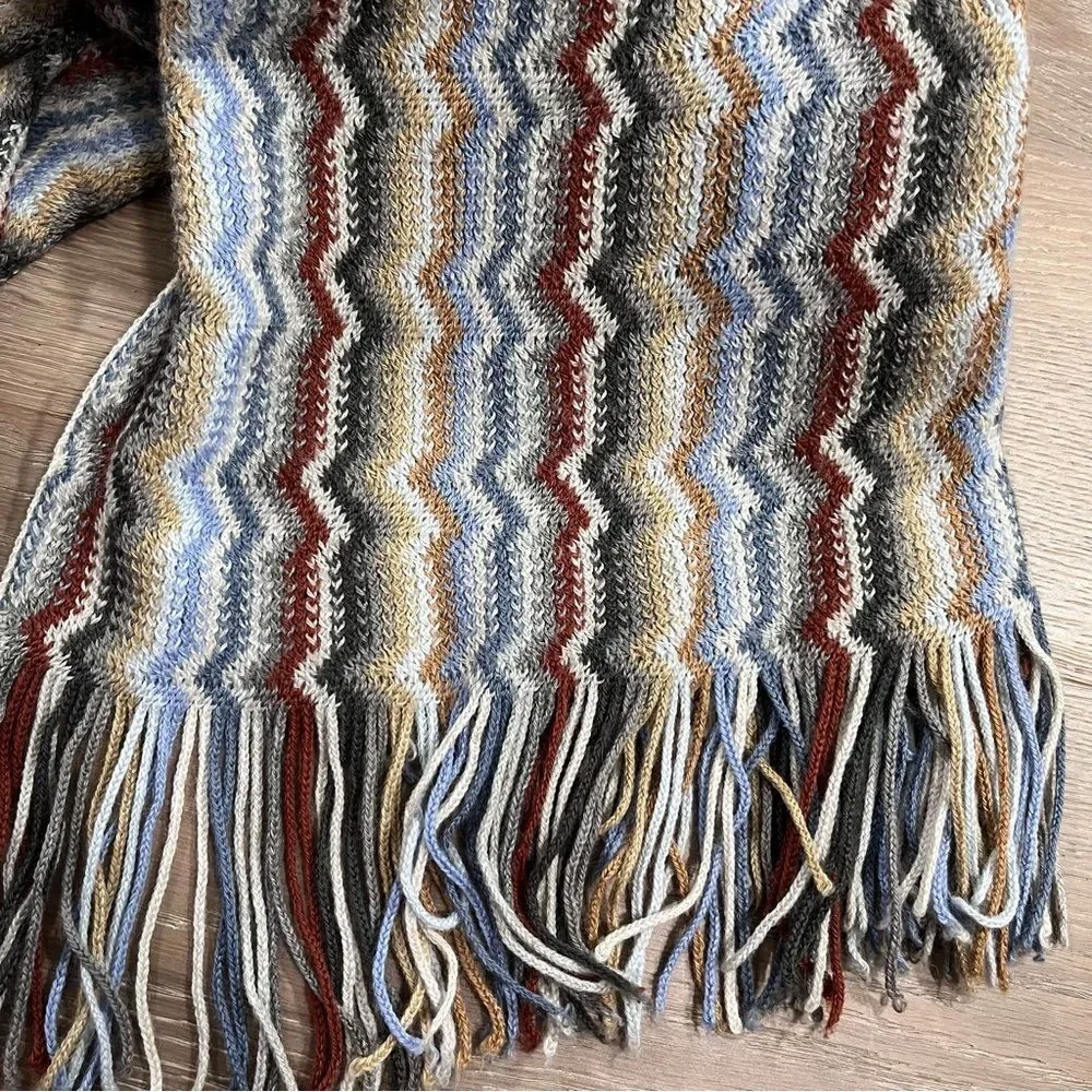 Missoni Wool Blend Zigzag Patterned Classic Scarf Blue Brown